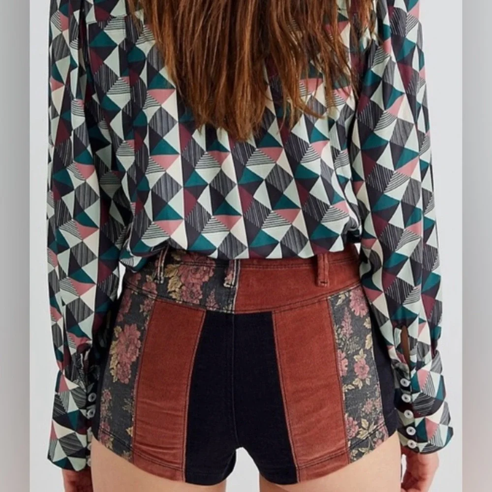 Free People Patchwork High Rise Corduroy Black Denim Shorts - Picture 3 of 8